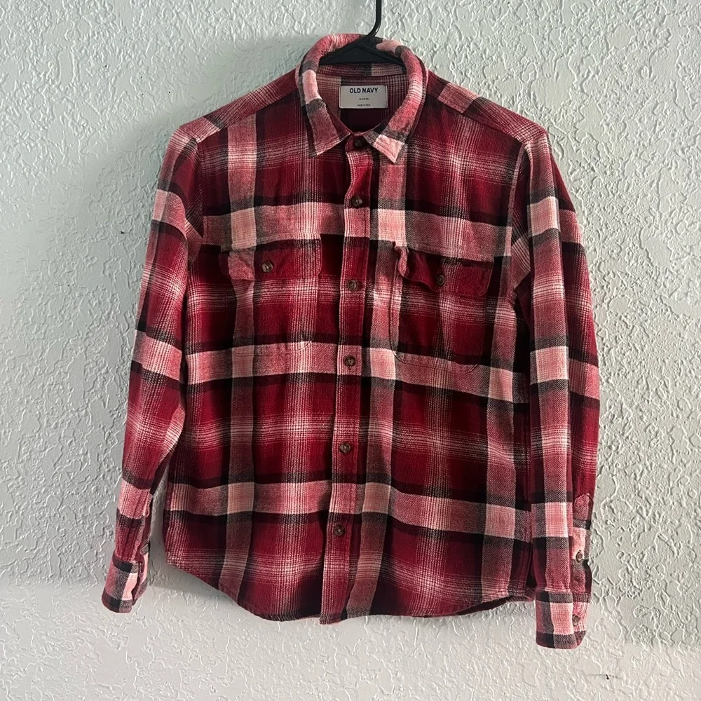 Old Navy Burgundy Red and Black Plaid Flannel Button Down Shirt